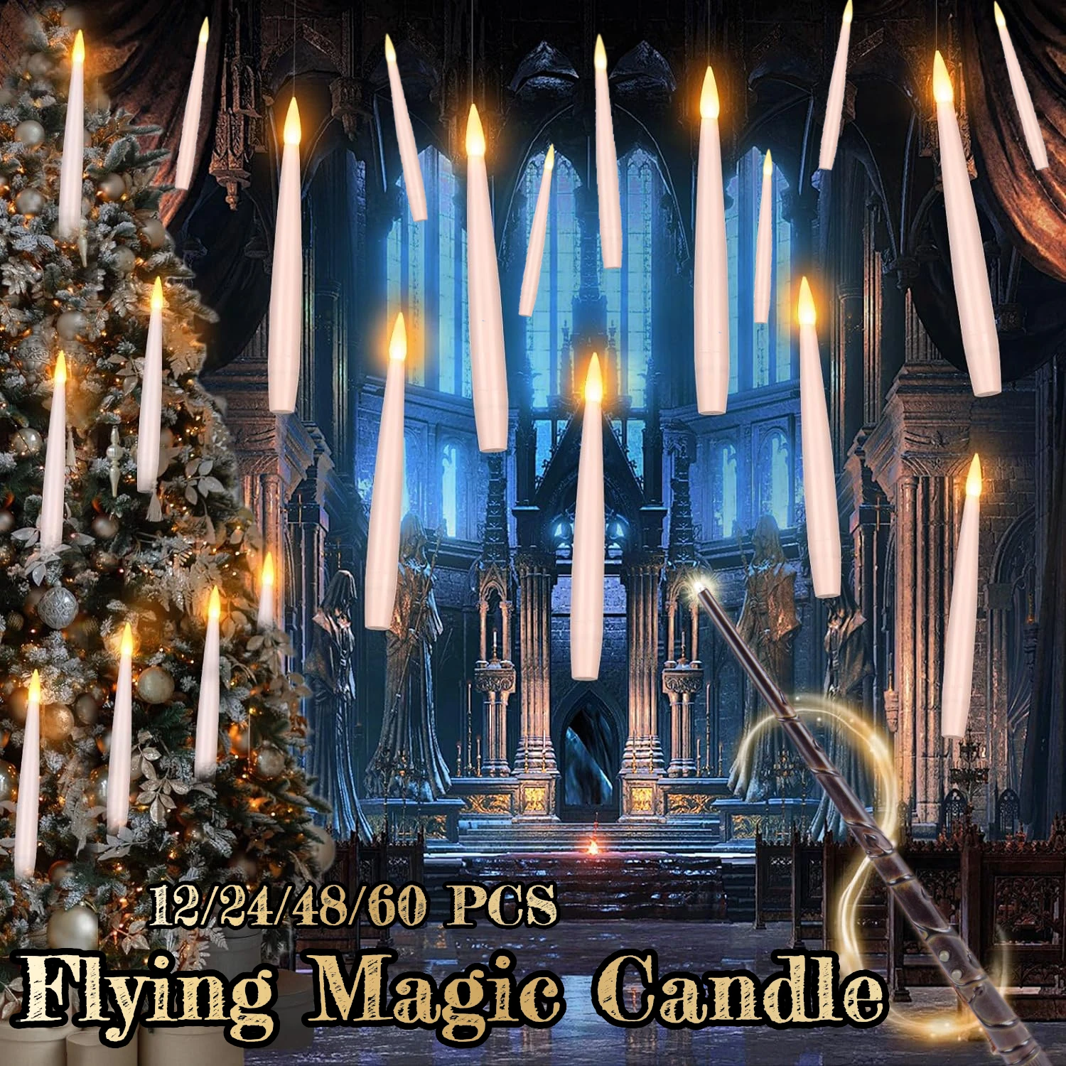 

Floating Candles with Magic Wand Flickering Flying Magic Candle LED Hanging Burning Candles Wedding Party Decor Christmas Gifts