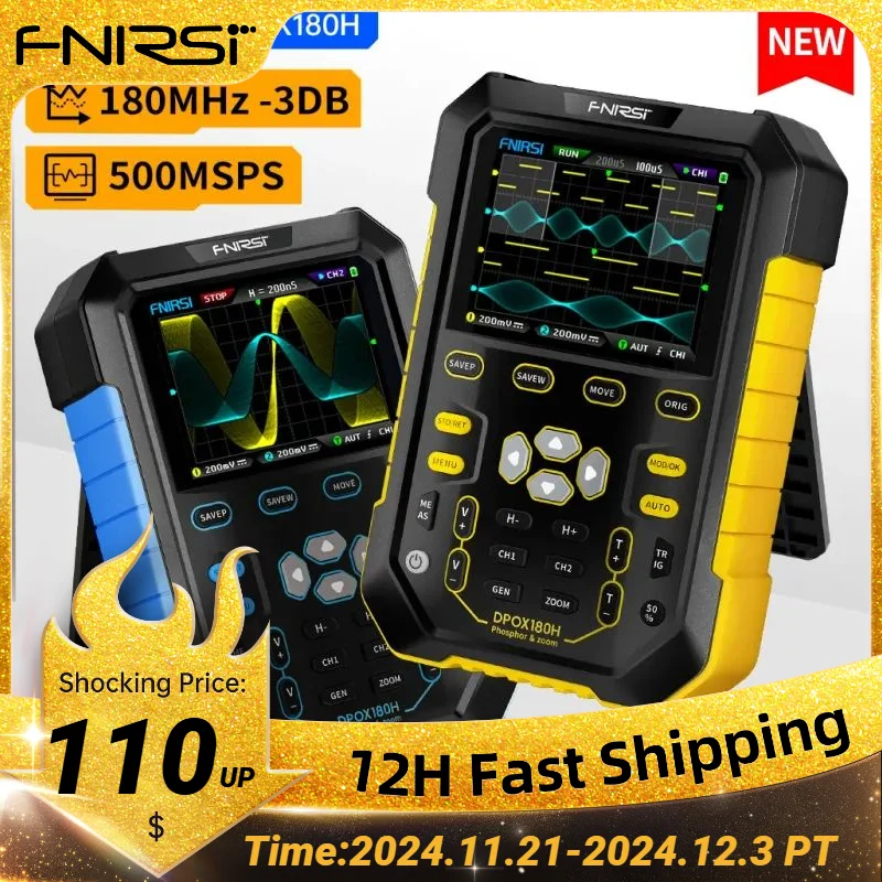 FNIRSI DPOX180H Handheld Dual Channel Digital Oscilloscope 180MHz-3DB 2 In 1 Function Signal Generator Fluorescence Display ZOOM