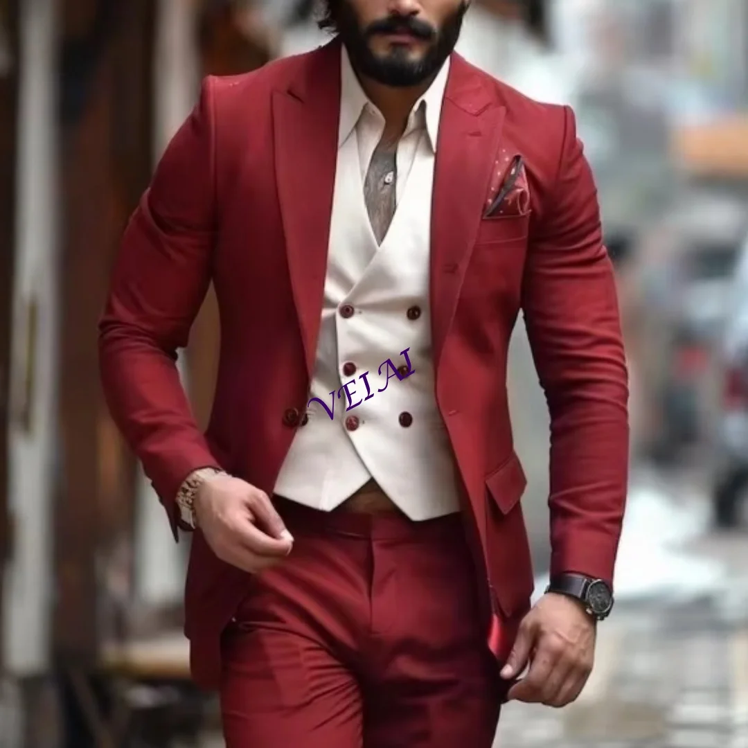 

CustomizedNew Burgund And White Formal Business Men Suit Groom Groomsman Wedding Party Prom Male Tuxedos 3 Piece Set Blazer Vest