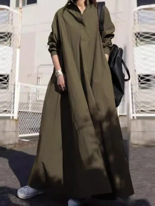 

Loose Long Sleeve Collar Dress Women's plus Size Color A-Line Skirt Commute Autumn Fashion Casual High Waist Long ...