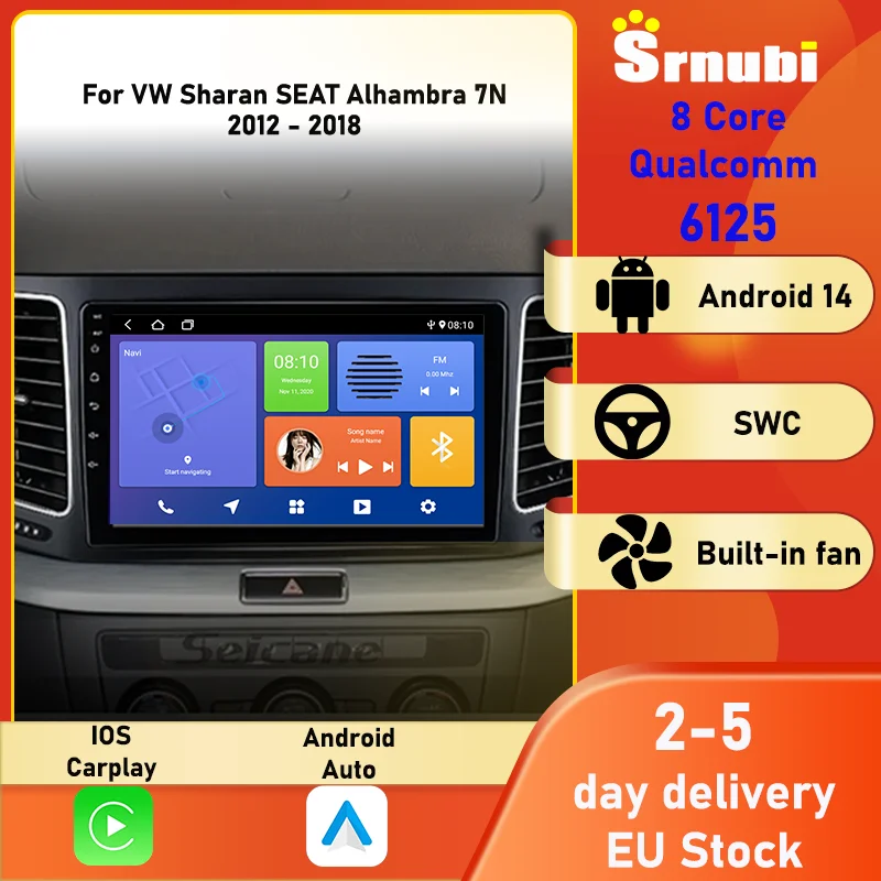 Autoradio de navigation GPS Srnubi 9 pouces, compatible Carplay et Android Auto, système multimédia pour Volkswagen VW Sharan 2012-2018, écran tactile, Wi-Fi, Bluetooth, pour voiture.