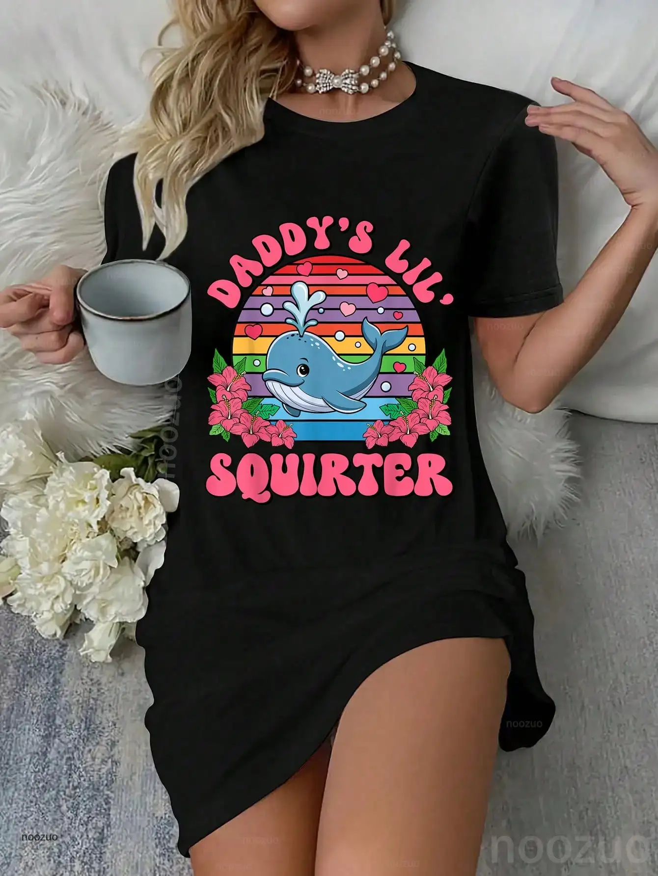 

Black Oversized Graphic Tee Dress with Whale & Floral Print