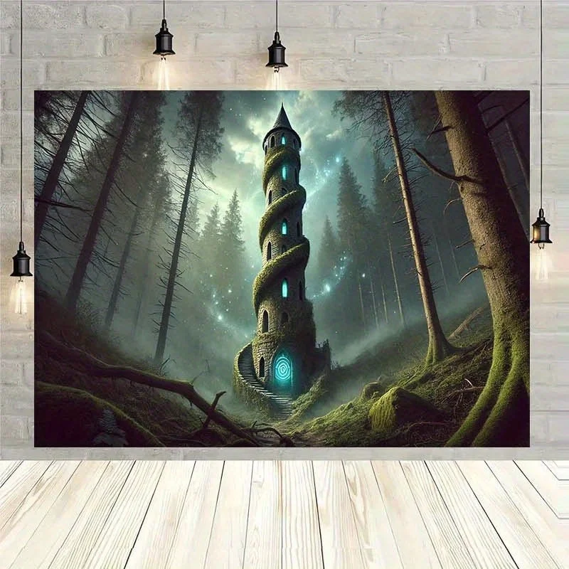 Enchanted Forest Tower Wall Tapestry for Mystical Home Decor, Featuring a Majestic Spiral Tower Wrapped in Lush Vines