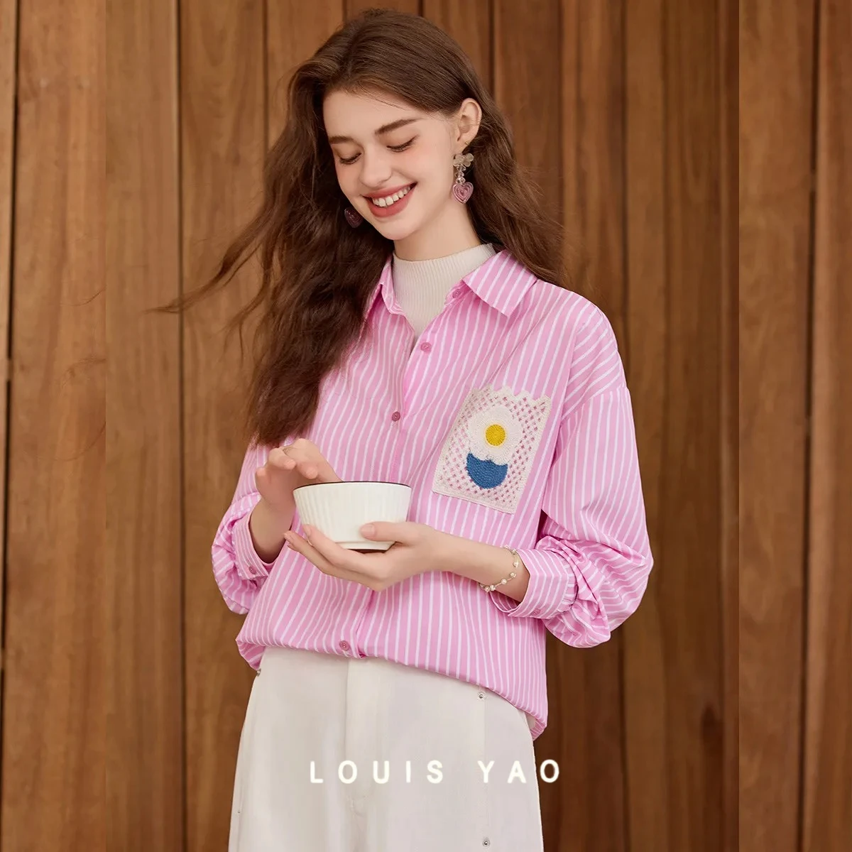 

LOUIS YAO Pocket Striped Women's Shirt 2025 Autumn Blouses Contrast Color Collared Long-Sleeve Shirt Drop-Shoulder Sleeve Tops