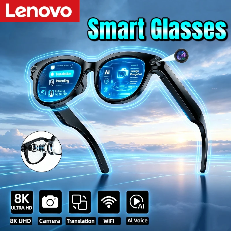 

Lenovo Smart Glasses 8K HD Camera Multifunctional Shooting Image Bluetooth Call Recording Music Al Translation Smart Sunglasses