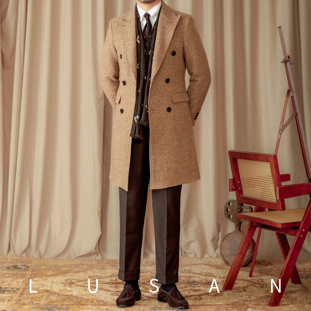 Fall/Winter 97% Wool + Mulberry Silk Color Point Old Money Wind Long Coat Warm Double-breasted Coat Men