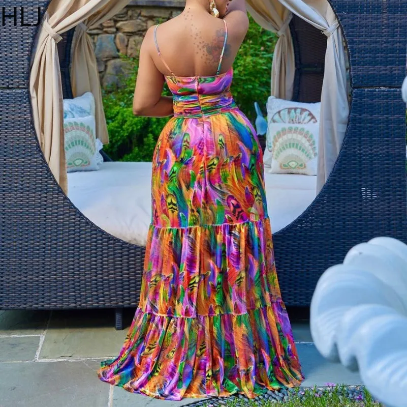 HLJ Elegante stampa a colori Abito lungo Donna Cinghia per spaghetti Vita alta Grande Swing Fit Flare Maxi Dress Beach Sexy Boho Abiti