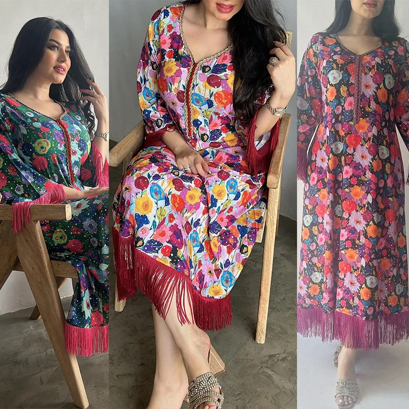 

Elegant Abaya Floral Print Casual Abaya Gold Foil Ethnic Abaya Dubai Muslim Long Robe Modest Maxi Dress Loose Fit Jalabiya