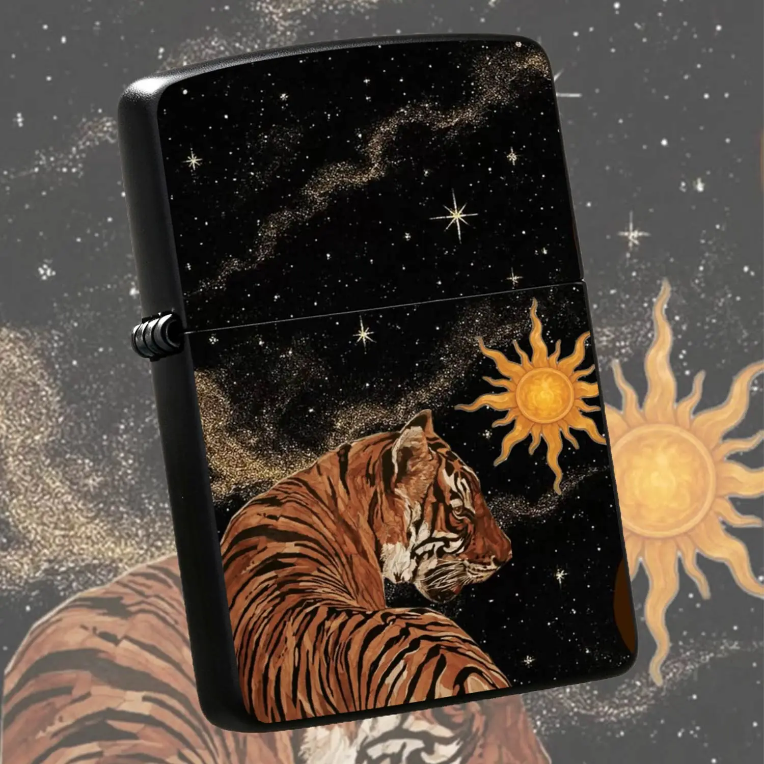 Stylish Celestial Tiger Print Lighter, Exquisite Artistic Sun Starry Sky Pattern Portable Igniter, Ideal For Daily Use Outdoor Activities Gifting Scenarios, Unique Aesthetic Practical Must-Have For Art Lo A Humorous And Interesting Lighter