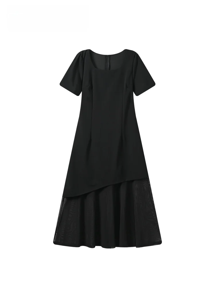 

Summer New plus Size Women's Dress Cara CLUB Short Sleeve Square Collar Fashionable Meat Covering Midi Korean Style A-Line Dress