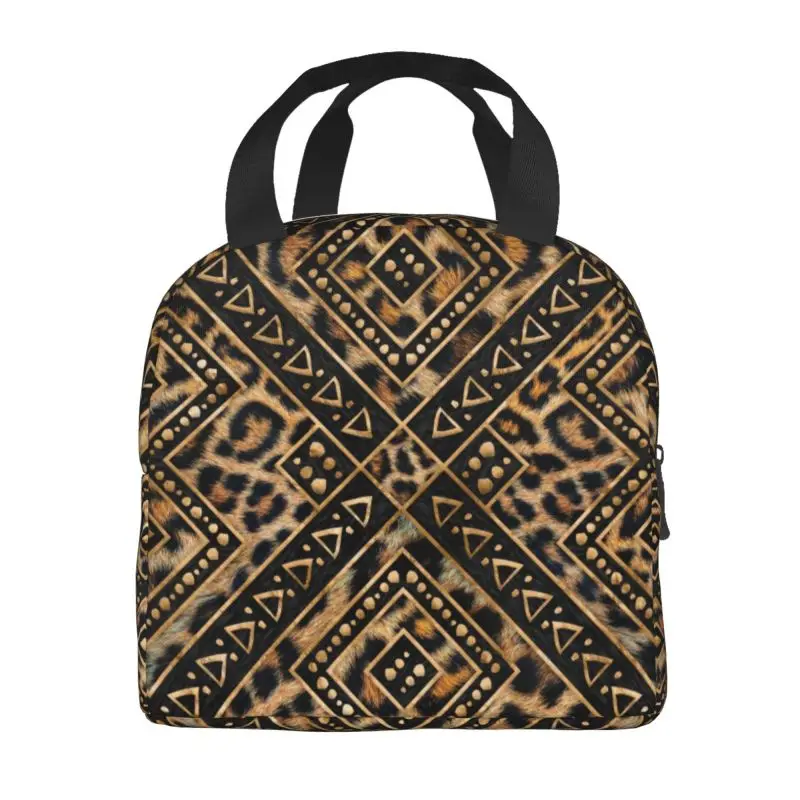 Leopard Fur Ethnic Tribal Geometric Ornaments Thermal Insulated Lunch Bag Animal Leather Texture Portable Lunch for Food Box