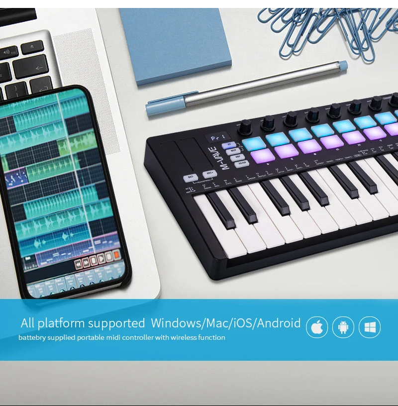 Clavier MIDI M-VAVE SMK-25 II Pro, 25 touches semi-lestées + 16 tampons RGB, 8 boutons de cartographie, logiciel de production musicale inclus