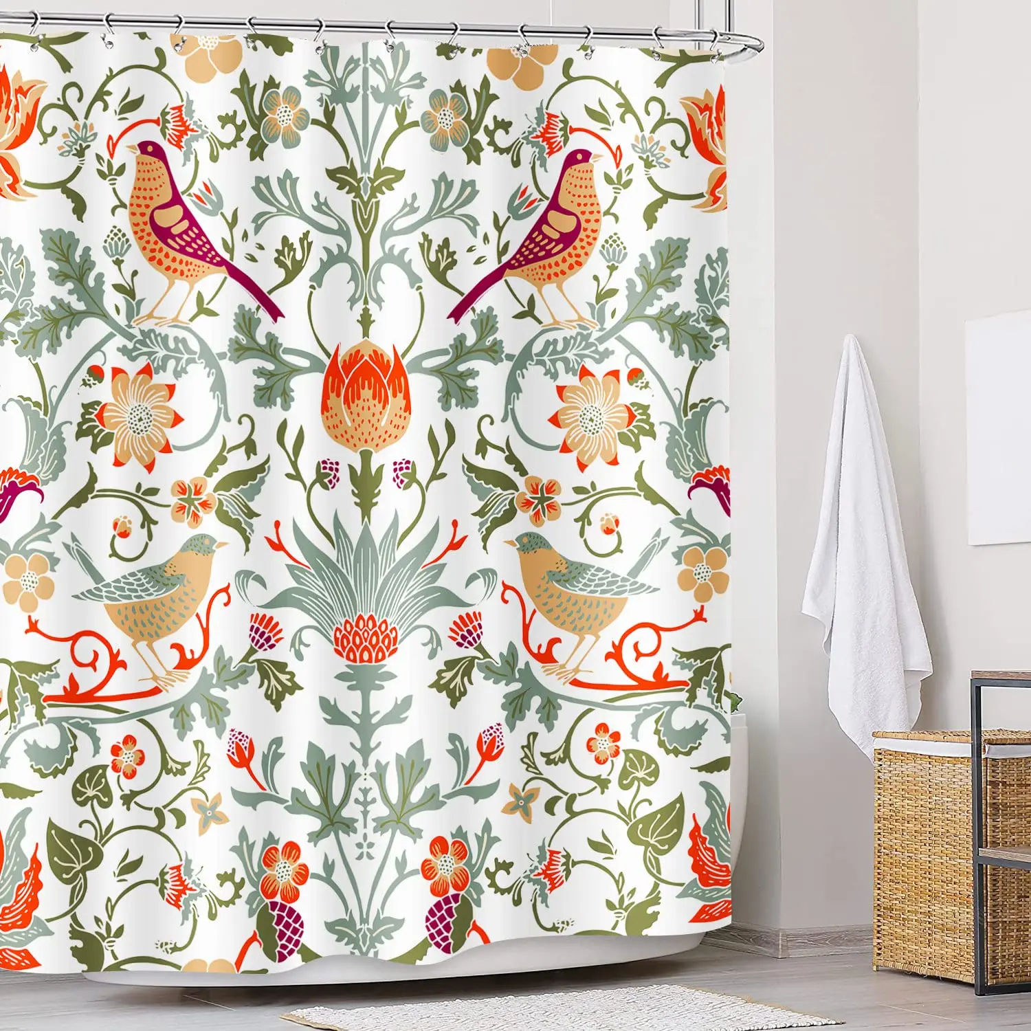 William Morris Vintage Garden Art Floral Shower Curtain, Heavy Weight Fabric, Washable Bath Curtains for Bathroom