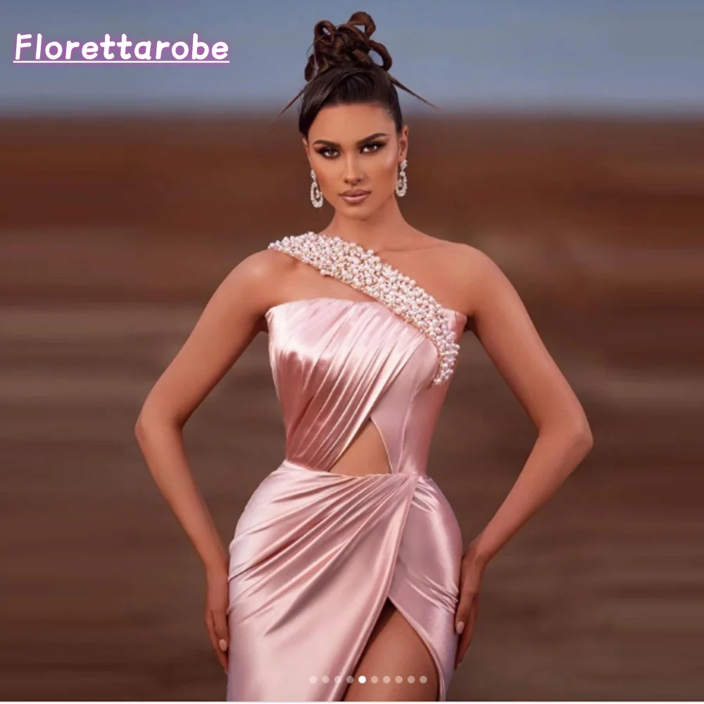 Customized Dubai Sexy High Split Prom Dress One Shoulder Beads Pearls Satin Long Evening Formal Celebrity Party Gowns Customized