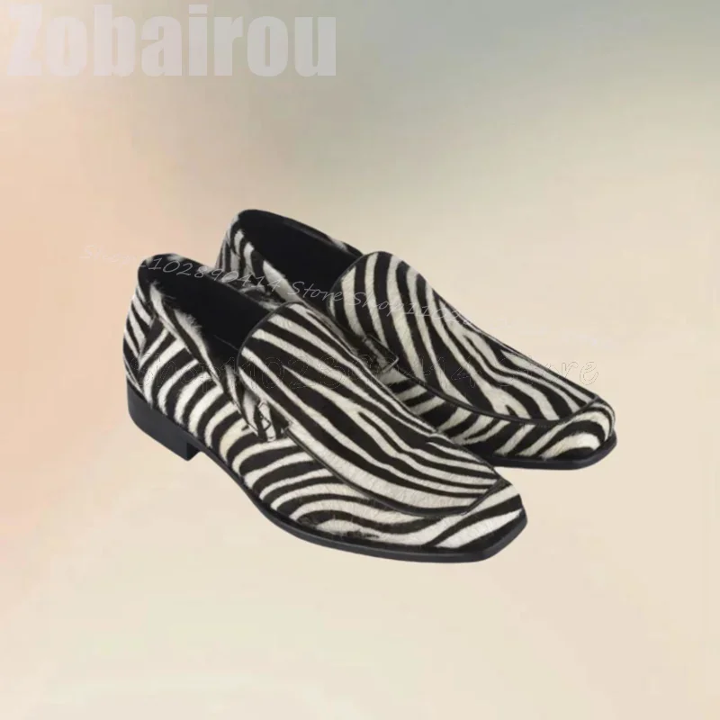 

Black White Zebra Print Square Toe Horsehair Loafers Fashion Slip On Men Shoes Luxurious Handmade Party Banquet Men Casual Shoes