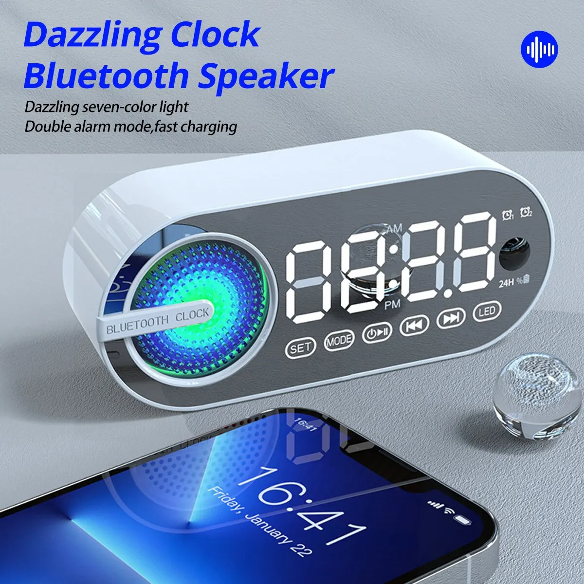 Reloj despertador inalámbrico con altavoz, dispositivo Digital silencioso con Bluetooth, RGB, TWS, USB, LED, espejo, FM, pantalla grande, decoración para sala de estar y oficina