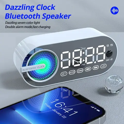 조용한 무선 블루투스 스피커 알람 시계, RGB TWS USB LED 미러 디지털 시계, FM 대형 디스플레이, 거실 사무실 장식