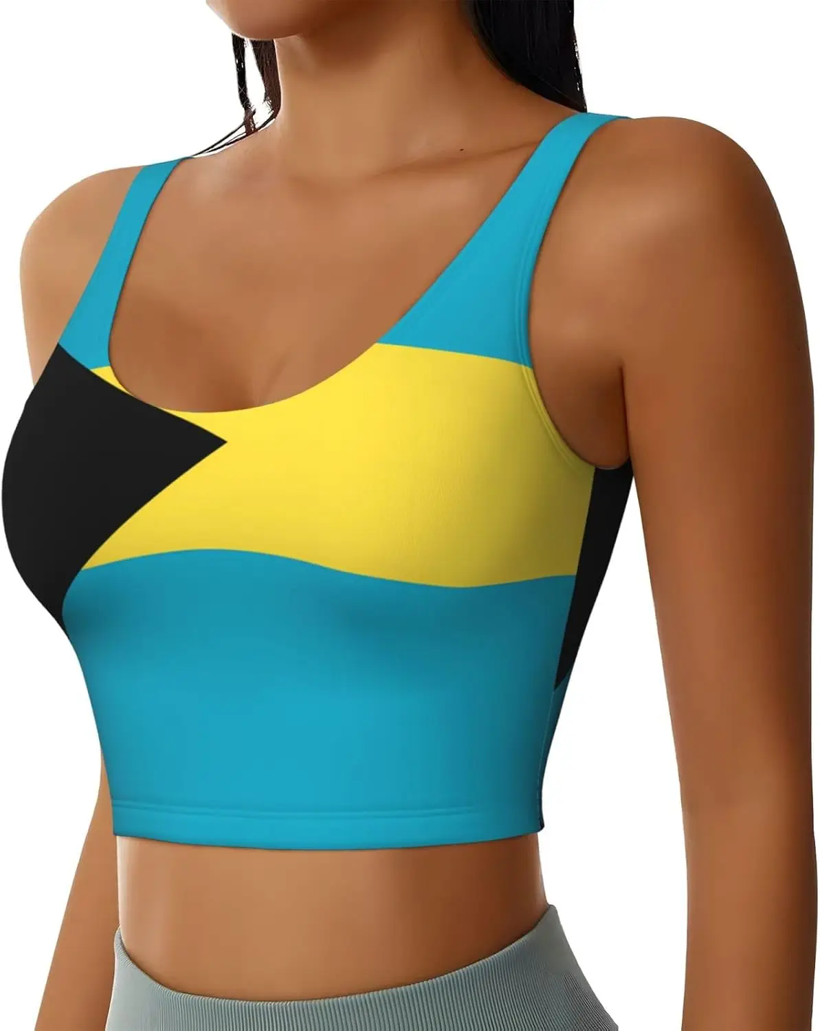 سترة رياضية نسائية بعلم البهاما، حمالة صدر رياضية مع ظهر على شكل حرف U وحشو قابل للإزالة، قمصان بدون أكمام لليوجا واللياقة البدنية والبيلاتس