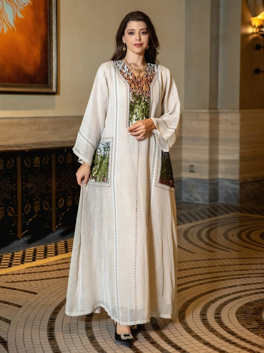 Siskakia Sequins Patchwork Abayas For Woman Dubai Luxury 2025 V-Neck Moroccan Kaftan Dress