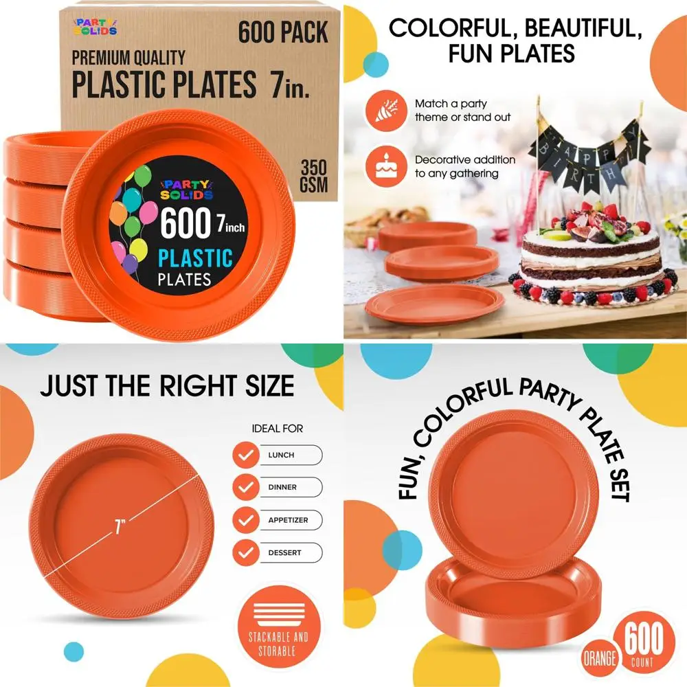 

Bulk Orange Plastic Party Plates 7-Inch Disposable Dinnerware for Events, 600 Count Heavy Duty Orange Tableware