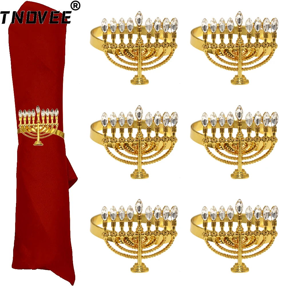 6 Stücke Chanunkkah Leuchter Serviettenringe Kristall Menorah Serviettenhalter Gold Serviettenschnalle für Chanunkkah Hochzeit Abendessen Tisch Dezember