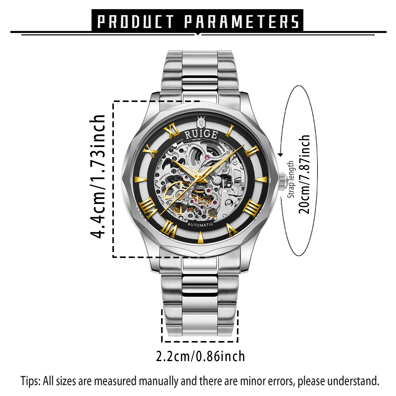 RUIGE Double Sided Hollow Men's Fully Automatic Mechanical Watch Stainless Steel Men's Night Light Waterproof Fashion Trend Watc