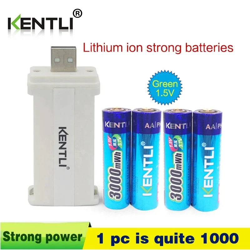 

KENTLI 4pcs low self discharge 1.5v 3000mWh AA rechargeable Li-polymer li-ion polymer lithium battery +1 USB smart Charger