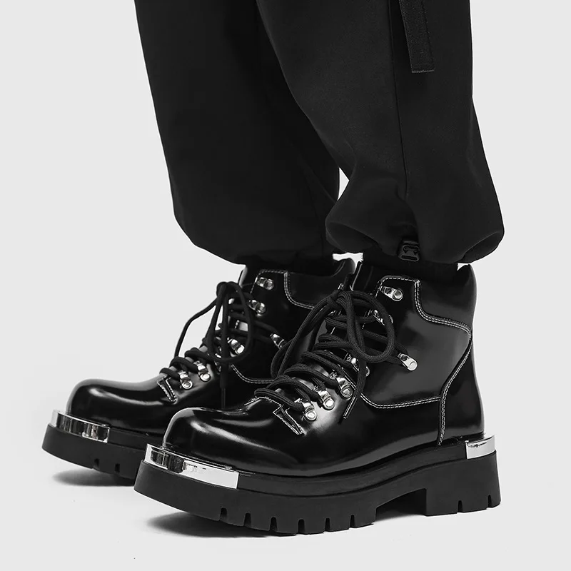 mens casual original leather boots lace-up black trendy shoes cowboy platform boot punk hip hop dress motorcycle ankle botas man