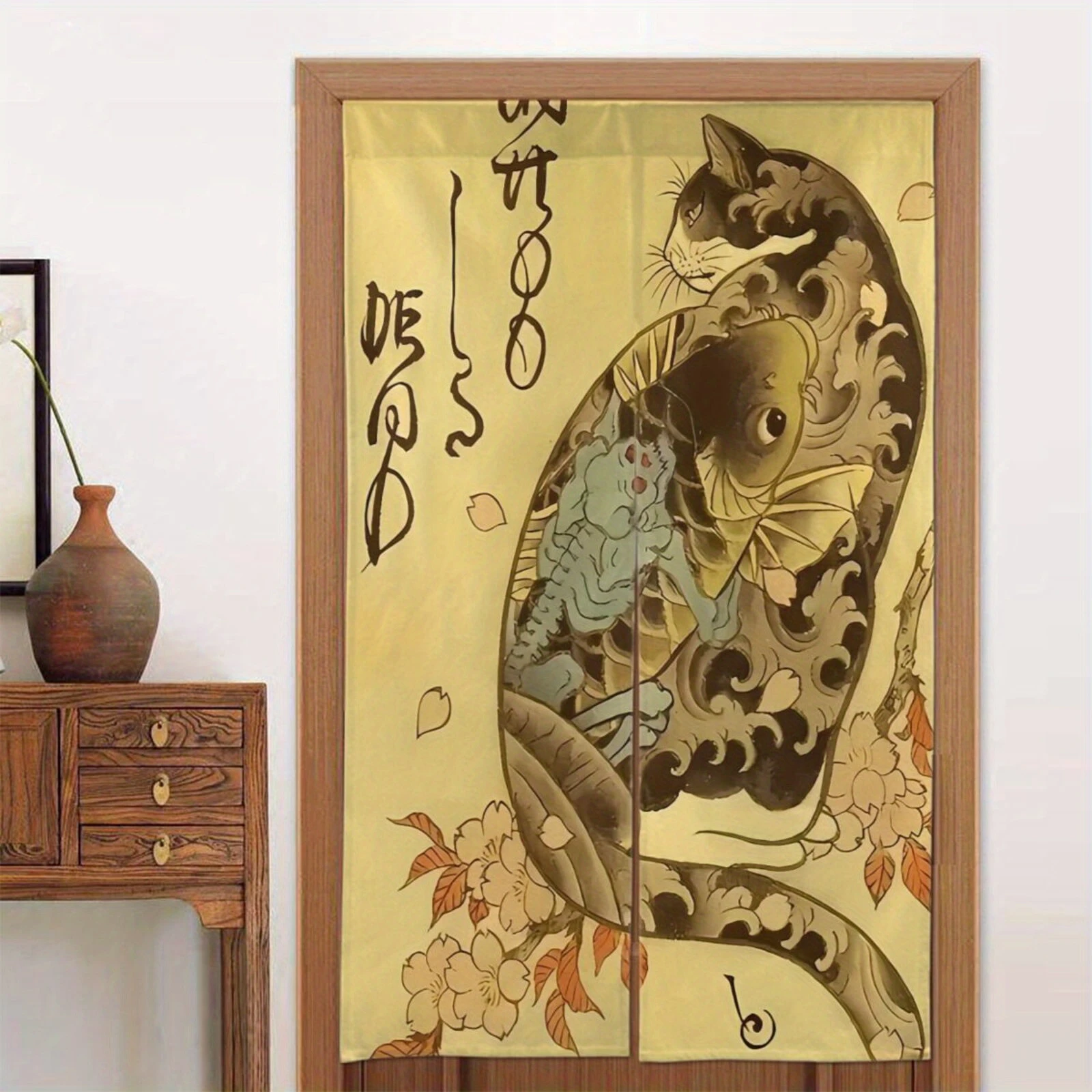 VIKAMA Traditional Art Cat and Koi Fish Room Divider Curtain Japanese Style Half Door Curtain, Noren Curtain for Kitchen