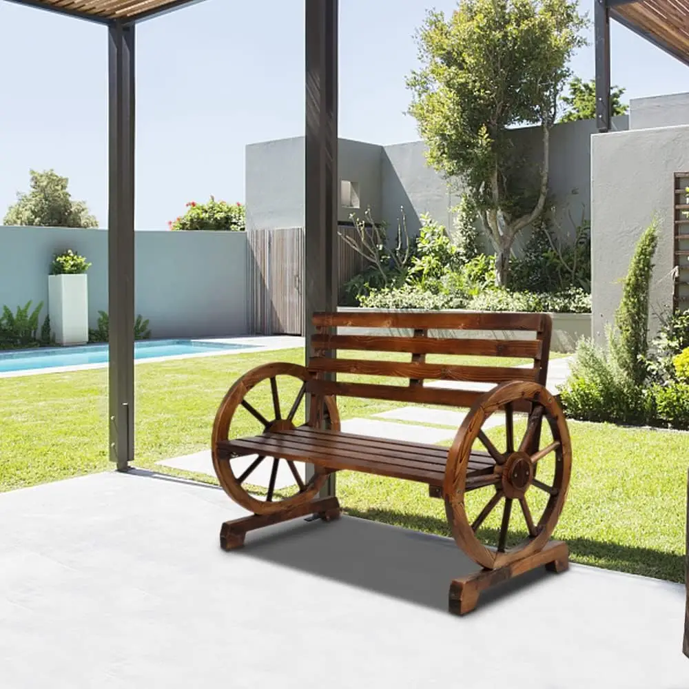 Wooden Garden Bench, Outdoor Rustic Wagon Wheel Bench with Armrest & Fir Construction for Garden Porch Backyard Patio