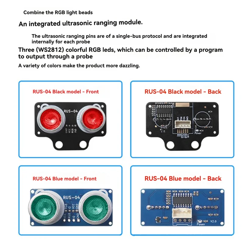 FFYY-RUS-04 وحدة استشعار المسافة بالموجات فوق الصوتية للروبوتات وتجنب العوائق مع ضوء RGB 3-5.5 فولت نطاق الطاقة RUS-04