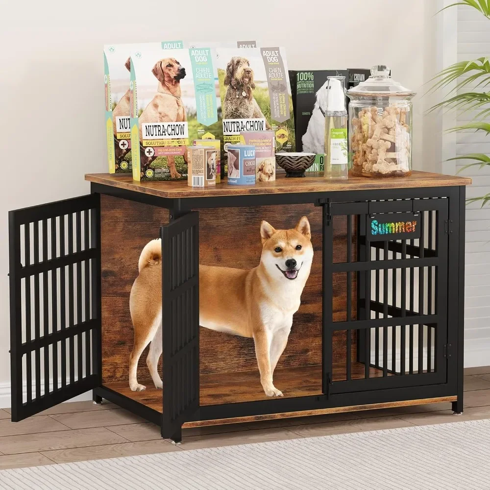 

41" Dog Crate Furniture with Name Tag, Heavy Duty Dog Kennel Indoor for Medium Dogs, Double-Doors Sturdy Metal Dog Cage for Anx