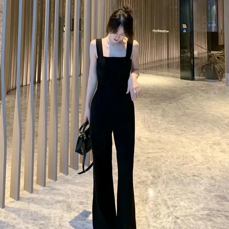 Sleeveless Tank Jumpsuits Women Elegant High Waist Slim Rompers With Pocket Ladies Commute Draping Straight Trousers Overalls