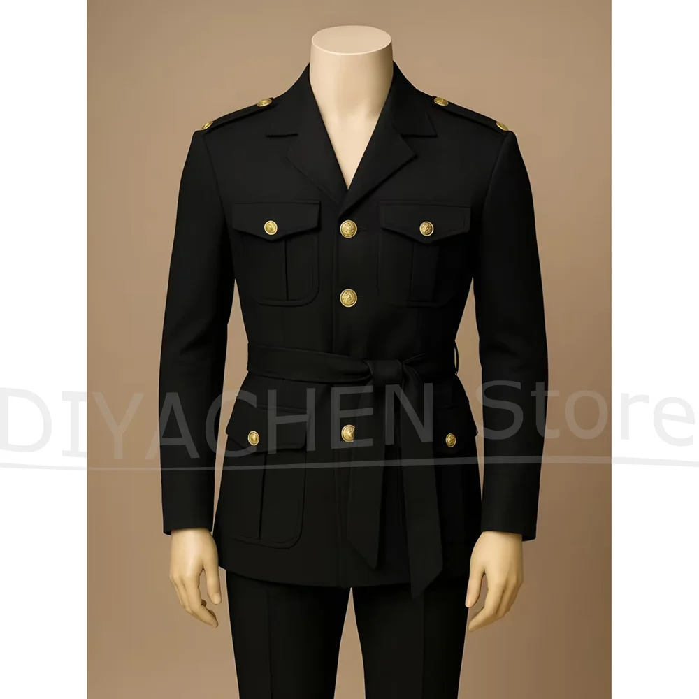 

Black Men's Military Style Suit 2 Piece Single Breasted Belt Design Outfit Fashion Multi Pocket Formal Wedding Party Tuxedo