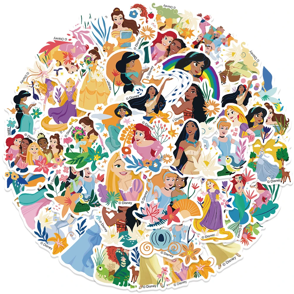 50pcs Colorful Flower Disney Princess Stickers Aesthetic Snow White Rapunzel Ariel Belle Cartoon Decals Kawaii DIY Phone Diary