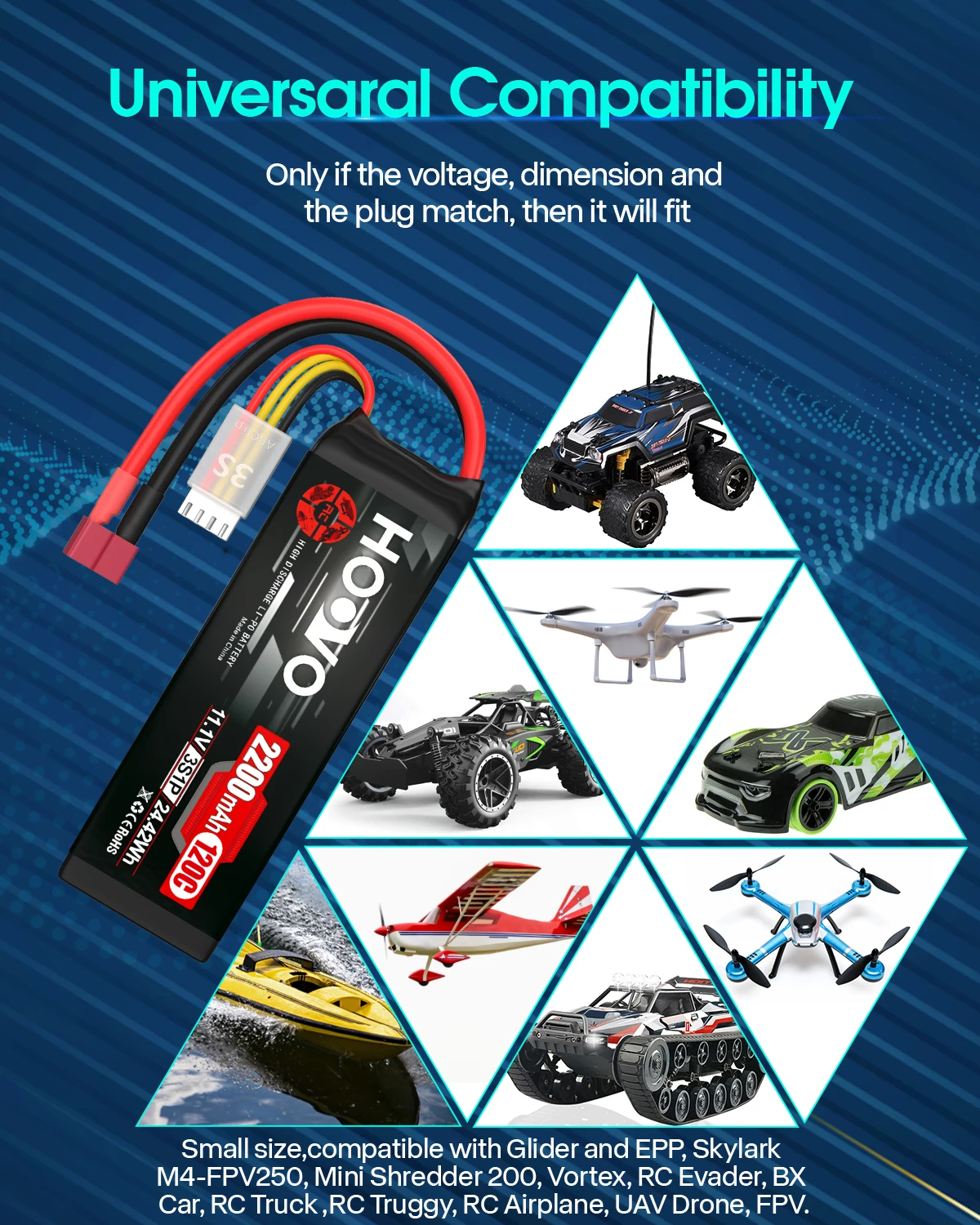 2 pezzi HOOVO 11.1V 2200mAh RC batteria 3S 120C Lipo batteria con connettore a T per RC aereo elicottero drone RC Truggy camion barca