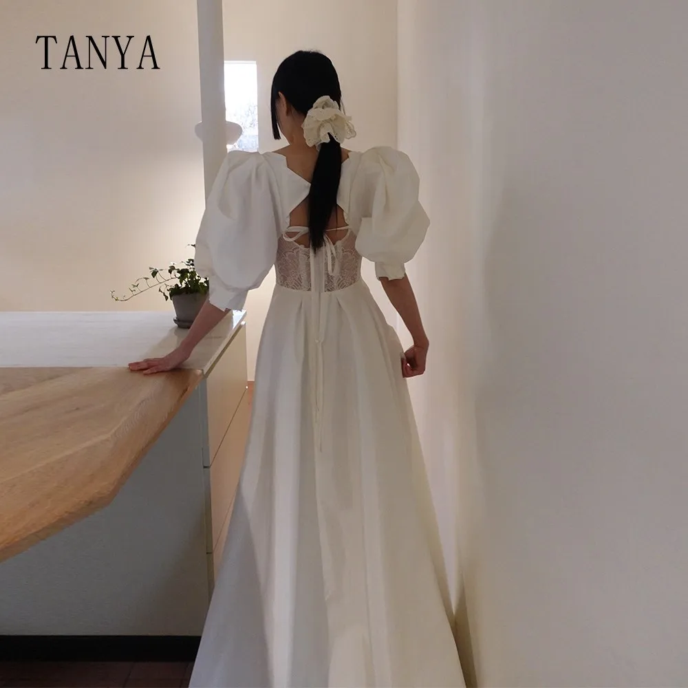 TANYA Square Neck A Line Satin With Lace Wedding Dresses Korean Style Puffy Short Sleeves Sweep Train Simple Bridal Gown G4863