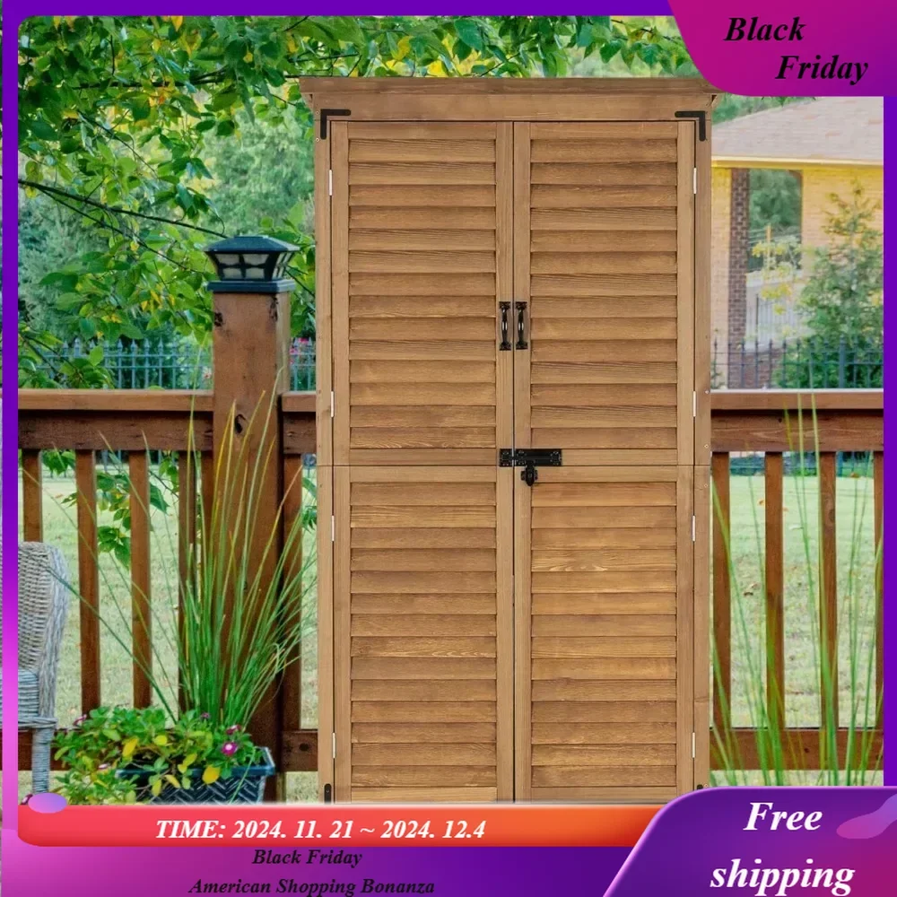 

Outdoor Storage Cabinet, Garden Storage Shed, Outside Vertical Shed with Lockers, Outdoor 63 Inches Wood Tall Shed for