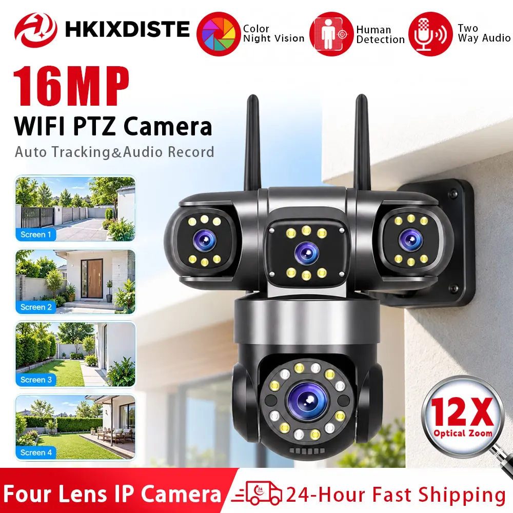 16MP Vier-Linsen-WLAN-Sicherheitskamera 12X Optischer Zoom Auto-Tracking KI-Menschenerkennung IR-Nachtsicht Audioaufnahme Hieasy App