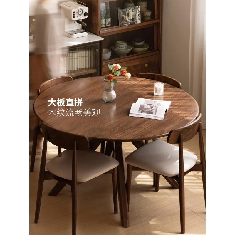 Solid wood dining table Black walnut rock slab round table with turntable
