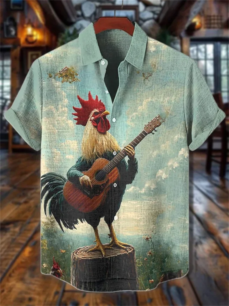 New men's linen short sleeved shirt 3D bird flower print Chinese guitar pattern fashionable men's clothing lapel shirt