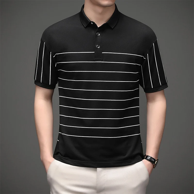 

Summer Polo Shirt Men's Classic Stripe Print Lapel Short-sleeved Fashionable Casual All-match Slim-fit Golf Business T-shirt Men