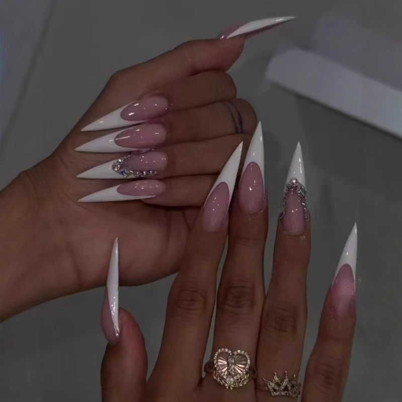 

24PCS Press on French White Border Diamond Inlaid Ultra Long Pointed Nail Art Piece Pink Long Almond Fake Nails