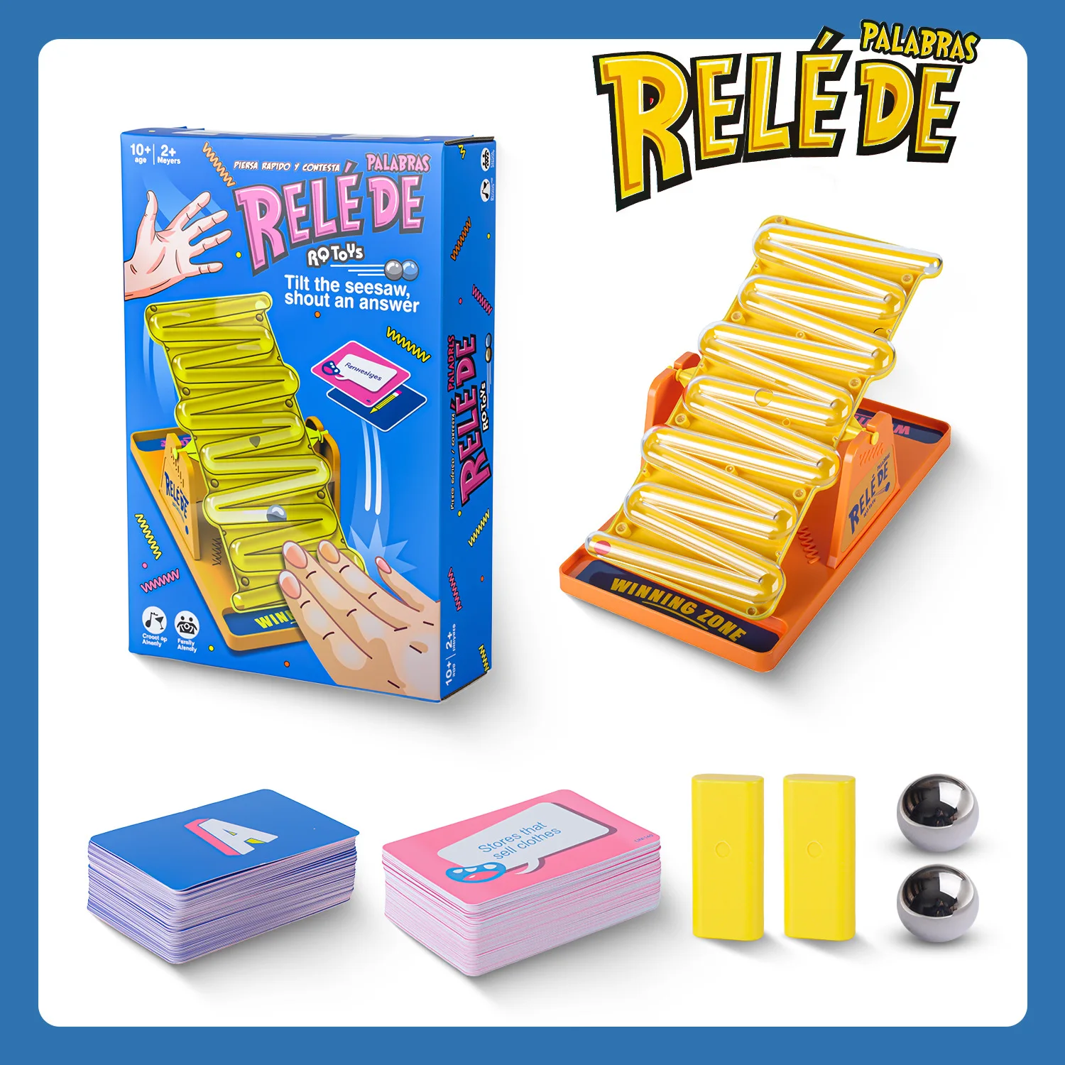 Tilt N Shout, a tabletop puzzle game toy for interactive two-player timed play, featuring a balance beam competition board game.