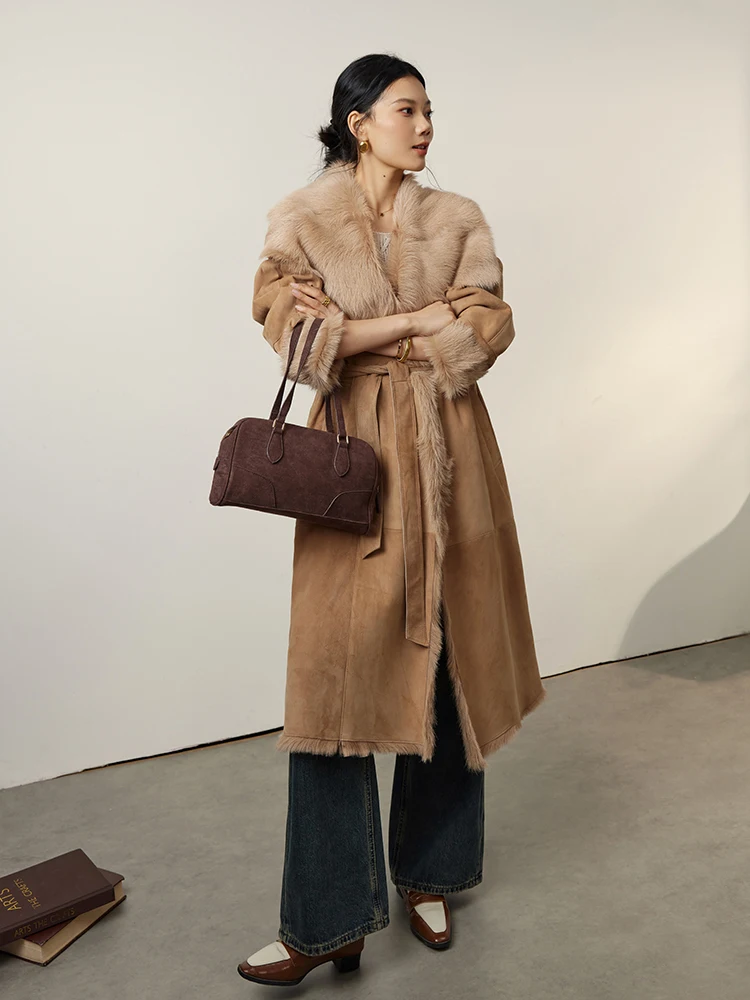 

Высококачественные роскошные зимние замшевые пальто с мехом ягненка Toscana для женщин, новинка 2023 года, простая длинная куртка из натурального козьего меха на шнуровке