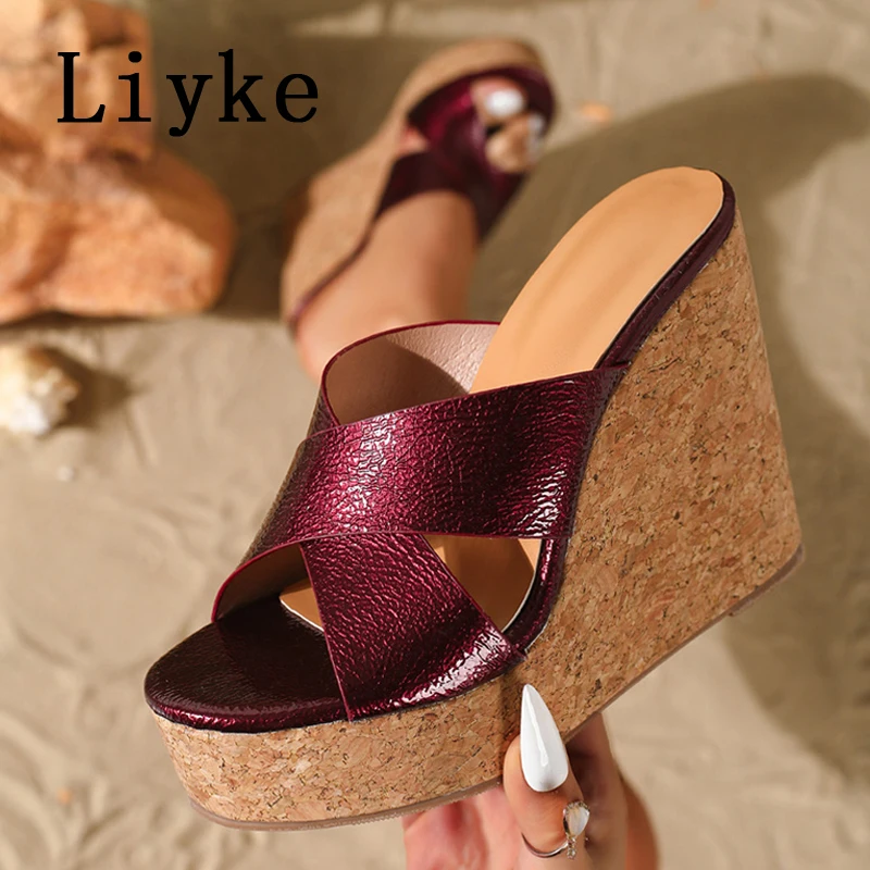 

Liyke Fashion Open Toe Wedges Shoes For Woman Slippers Wine Red Leather Cross Strap High Heels Platform Sandals Women Slides