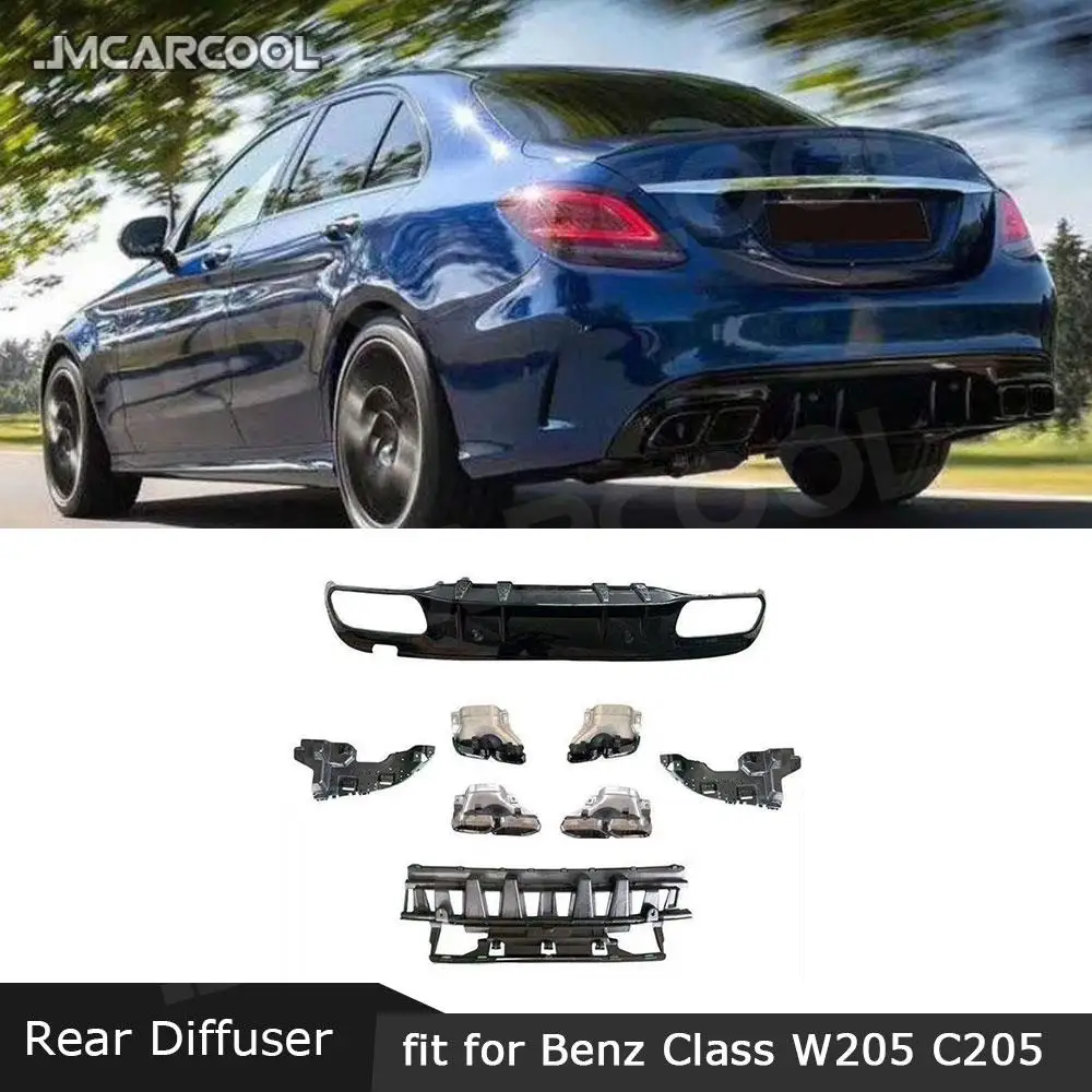 ABS Rear Bumper Lip Diffuser Spoiler with Exhaust Tips for Benz C Class W205 C205 C43 C63 AMG 2015-2020 Car Styling