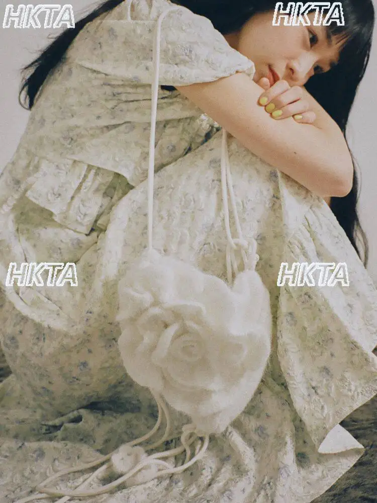 Japanese Handmade Three Dimensional Rose Kawaii Drawstring Crossbody Bag Sweet Lolita Plush Cute Knit Bag White Backpacks Women