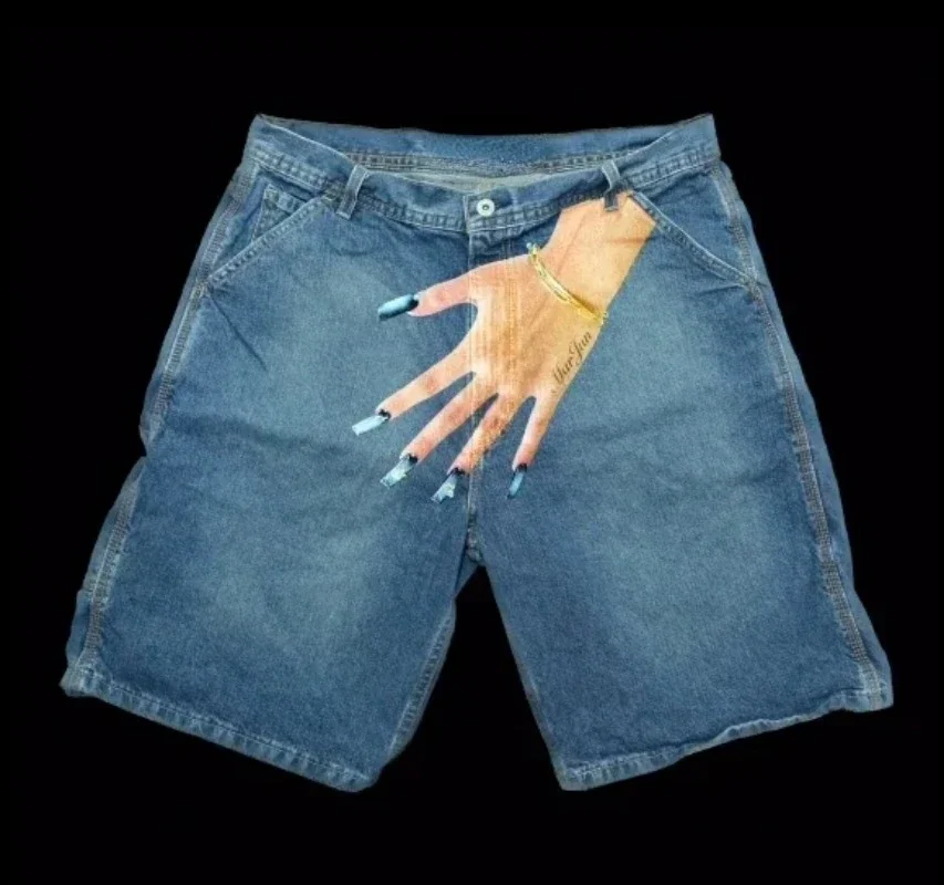 Pantaloncini di jeans larghi blu con stampa grafica a mano popolare americana per uomo 2024 pantaloni corti y2k larghi hip hop high street estivi