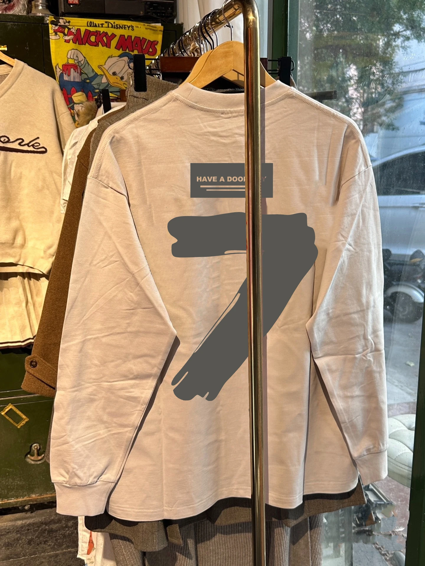

Simple Hong Kong Style Heavyweight Cotton Long Sleeve T-Shirt for Men And Women with Number 7 Print Casual Loose Fit round Neck
